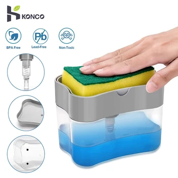 

Soap Dispenser, Soap Dispenser for Kitchen + Sponge Holder 2-in-1,Manual Press Soap Detergent Organizer Kitchen Cleaner Tool