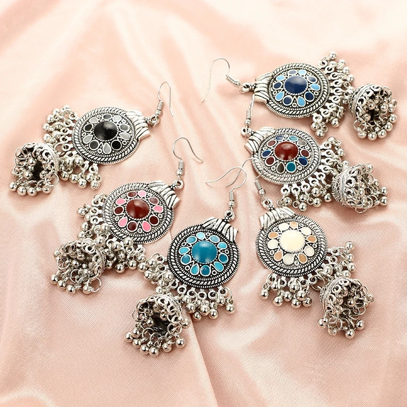 SHUANGR винтажный, из серебряного сплава Jhumka Bells бисер Нарядные серьги с кисточками для женщин турецкое цыганское племя индийские ювелирные изделия Вечерние