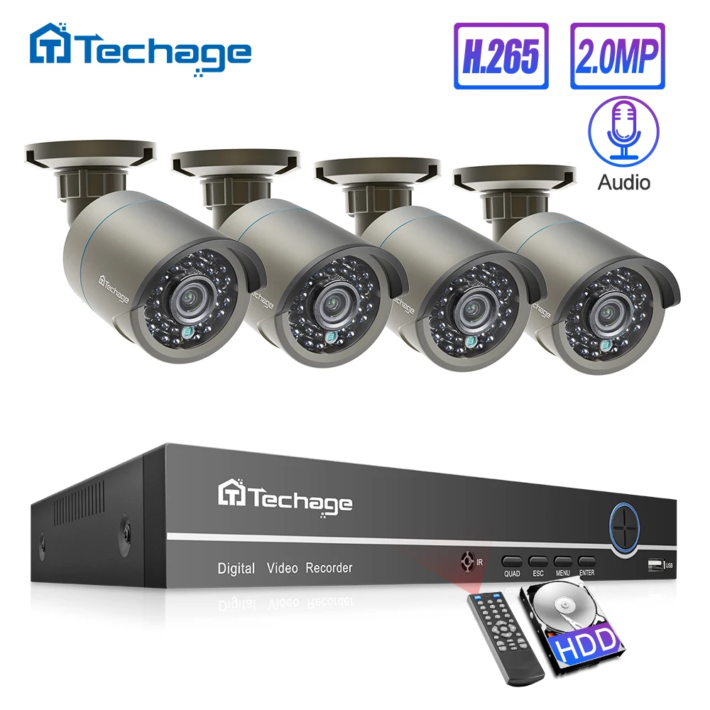 H.265 безопасности Камера Системы 4CH 1080 P POE NVR комплект 2.0MP ИК Открытый аудио CCTV Микрофон серый Камера P2P видео набор для наблюдения