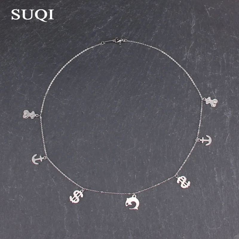 SUQI, не выцветающее ожерелье из нержавеющей стали, якорь, Бабочка, звезда, примечание, женское колье, серебряные ожерелья, подвески, Женская цепочка, ювелирное изделие