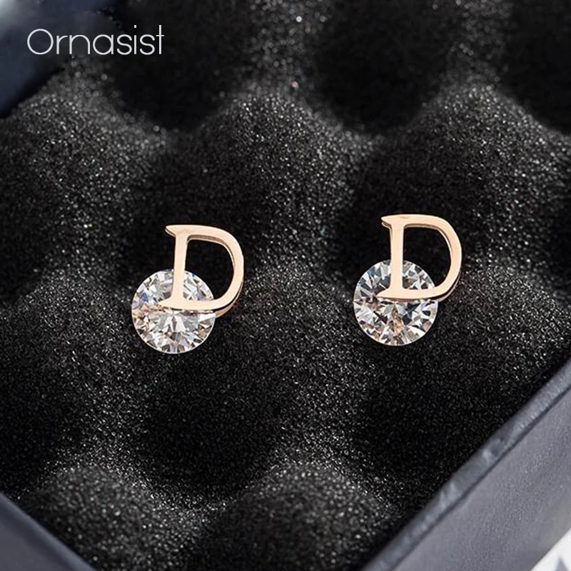 Korean Style Gold D Letter Flower Pearl Cubic Zirconia Stud Earrings
