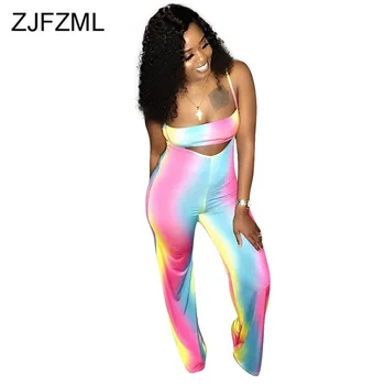 

Rainbow Gradient Sexy 2 Piece Sets Women Festival Clothes Strapless Backless Crop Top + Straped Cut-Out Overall Summer Tracksuit