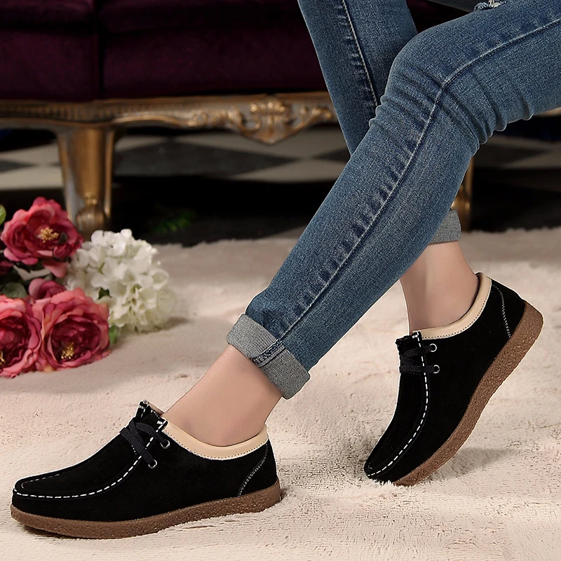 Mocasines De para Mujer, zapatos planos De piel auténtica, zapatillas poco profundas, sin cordones, informales De ante De vaca|Zapatos vulcanizados de - AliExpress