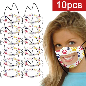 

10pcs Pet Transparent Mask Smile Face Mask Visible Expression Lip Reading Cartoon Print Washable Dust Mask Earloop Mascarilla