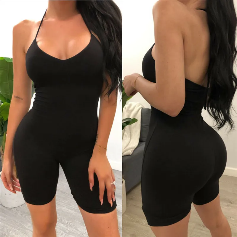 Mono ajustado de verano para mujer, pantalones cortos con cuello Halter negro, monos con espalda descubierta elásticos para Fitness, chándal, ropa de una pieza