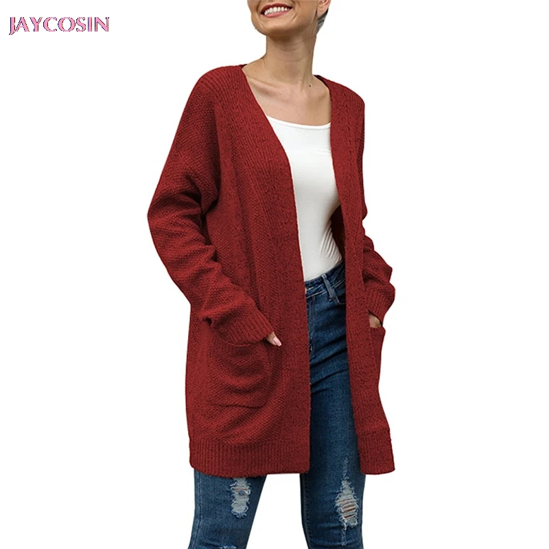 Женский вязаный свитер JAYCOSIN однотонный кардиган с длинными рукавами и карманами