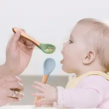 

Candy Color Feeding Wooden Handle Silicone Spoon For Baby Utensils Eat Soild Food Kids Training Tableware