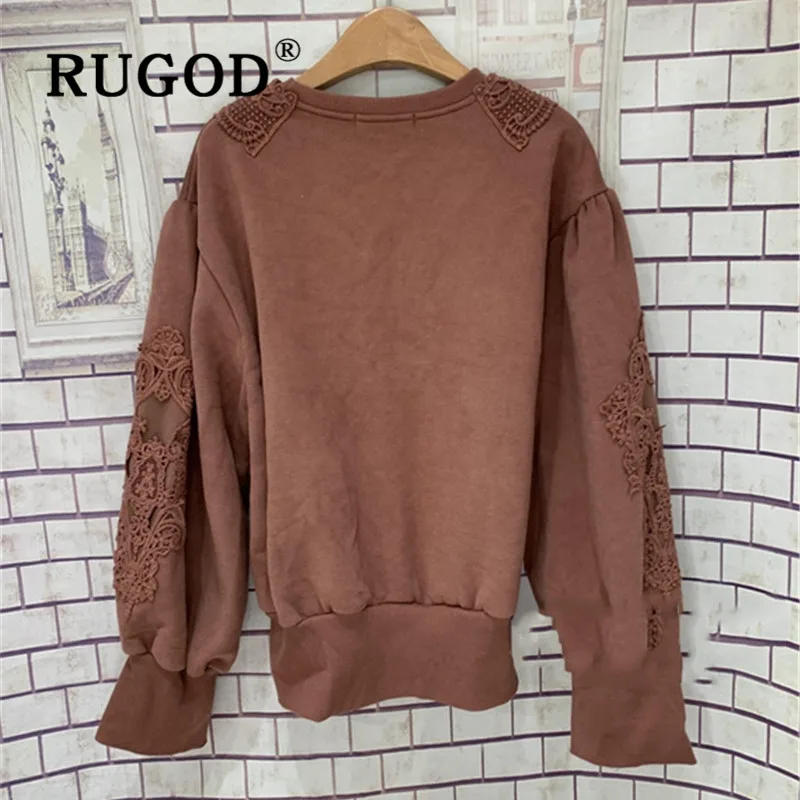 RUGOD, новинка, зимняя теплая Женская толстовка с круглым вырезом, кружевные свободные трикотажные пуловеры, корейский шик, модная женская элегантная винтажная Толстовка