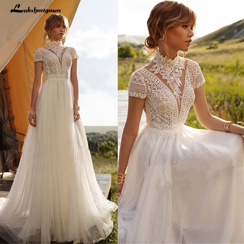 Винтажное свадебное платье в стиле бохо кружевное блестящее с