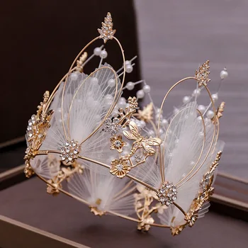 

Fashion Pearl Full Round Wedding Crown Earring Set Bride Headband Feather Crystal Bridal Hair Accessories Princess Crowns Tiaras