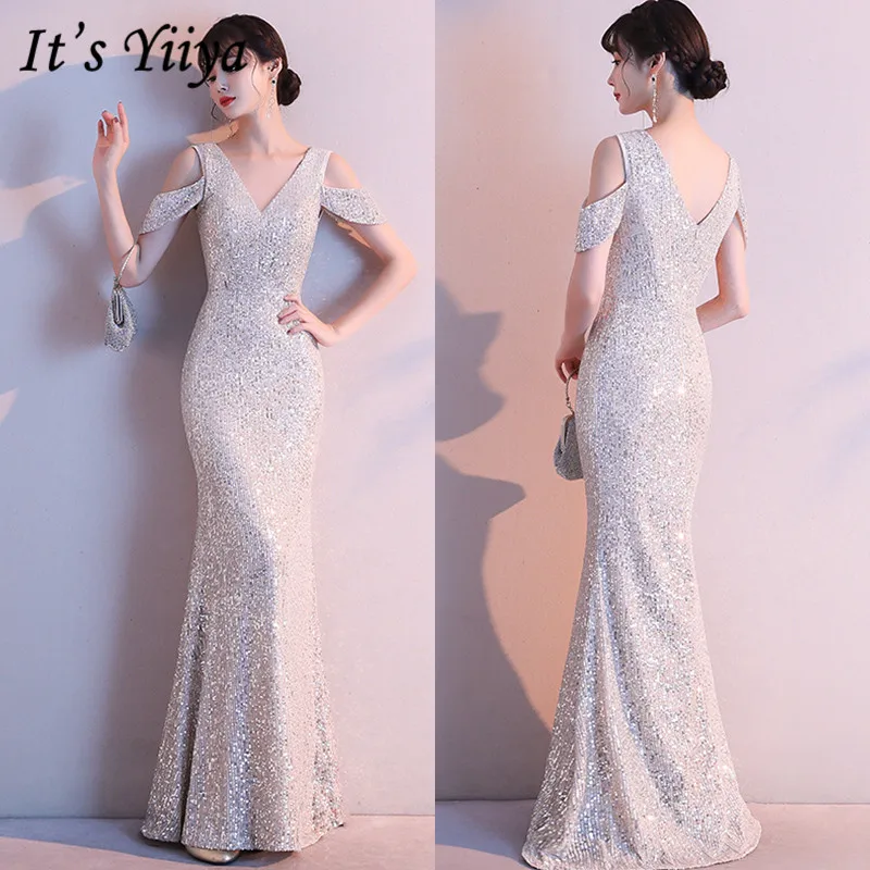 Si Tratta Di Yiiya Della Sirena Vestito Con Scollo A V Carro Armato Manica Corta Robe De Soiree K118 Pavimento-Lunghezza Backless Zipper Paillettes Ev
