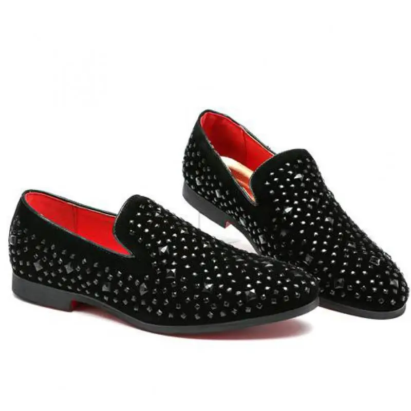 

37~48 Plus Size Mens Suede Crystal Loafers Formal Leather Shoes Slip On Rhinestone Rivet Loafer Pointed Toe Dress Wedding Shoe
