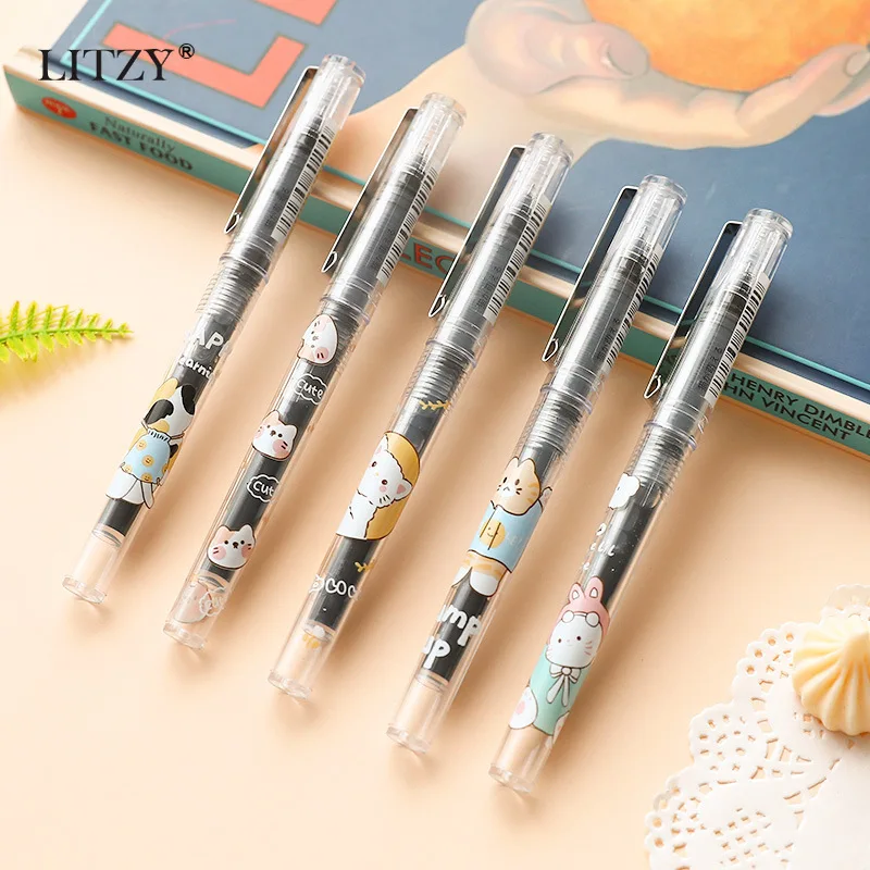 LITZY 3pcs Cute Cat Straight Liquid Gel Pen 0.5mm Black Quick Dry Signature Pen School Office Transparent Neutral Pen Stationery