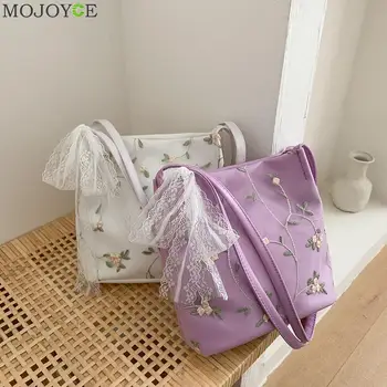 

Fashion Lace Flower Women Handbag Elegant Totes Bucket Shoulder Bags PU Leather Female Travel Beach Shopping Purse