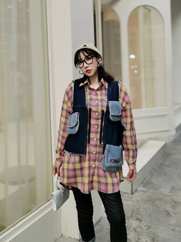 

2019 Winter New Plaid Long Sleeve Polo Shirt Women's Loose Denim Pocket Color Matching Two-piece Set Plus Size Women Clothing