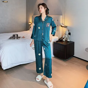 

Wmyqdlq Ladies Pajamas Thin Ice And Snow Silk V-Neck Long-Sleeved Trousers Two-Piece Pijama Imitation Silk Home Service Suit