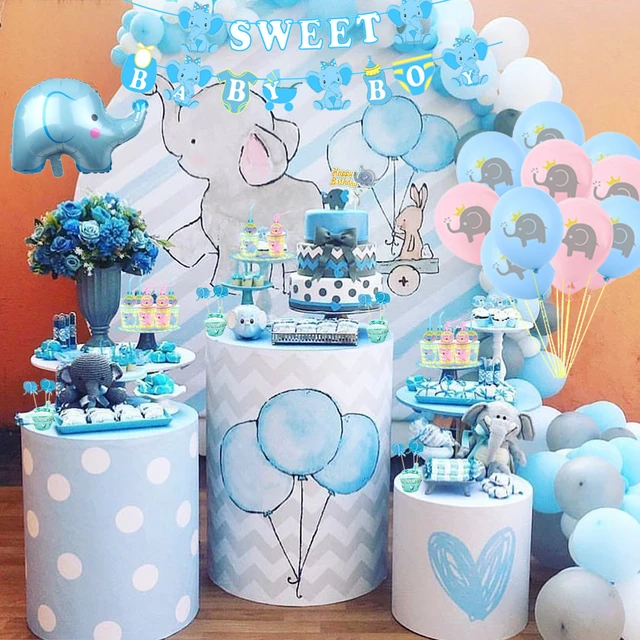 Caja chuches personalizada bautizo elefante globos azul