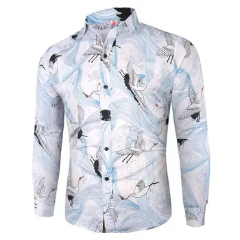 

Men's Shirts Stylish Crane print Long-sleeve White Black Fashion Blouse Male Casual Shirt for Man Slim fit New