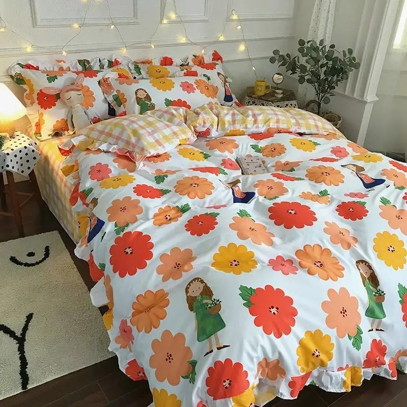 Four-piece set on a lotus leaf bed Korean style fragrant taro purple grid soft small fragrant style bed sheet three-piece set 