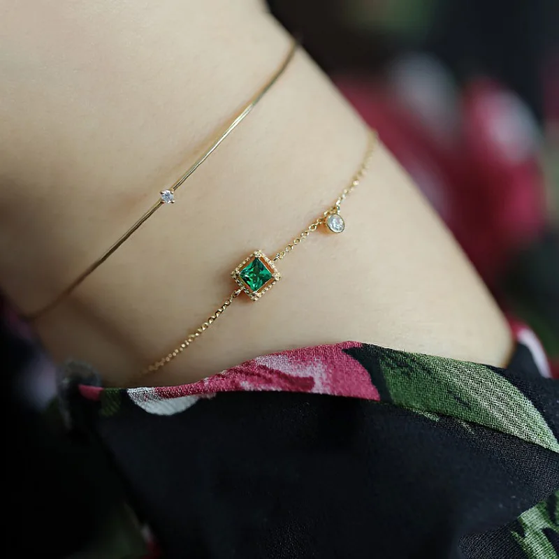 14k gold plated chain square green zircon bracelet