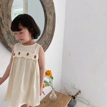 

Summer Korean Girls Embroidery Flowers Dress Sleeveless Cotton Kids Dresses for Girls Kids Clothing Toddler Baby O-neck Dress