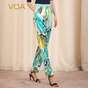

VOA Satin 28 mm silk print mid rise button and contrast gold arch needle pleated Harlem pants K1097
