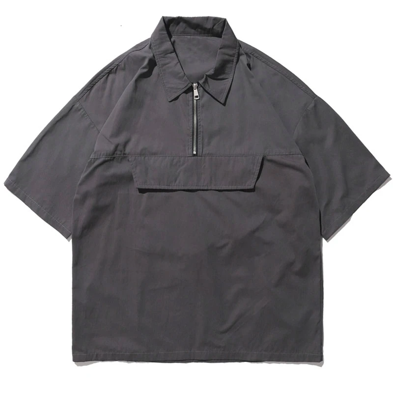 

Hip Hop Front Pocket Short Sleeve Shirts Street Men Casual Half Zipper Pullover Male Shirts Turn-down Collar Shirt