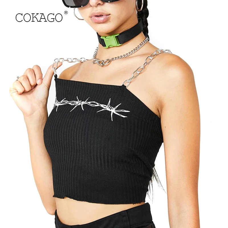 COKAGO, черный укороченный топ без косточек, женское нижнее белье, сексуальный ремешок с цепочкой, без рукавов, летние женские топы, Cami, уличная одежда, укороченный жилет