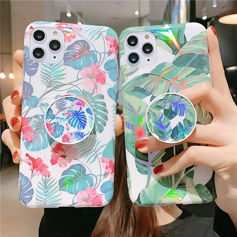 Элегантный чехол для телефона с лазерными цветами для Iphone 11 Pro Max X Xsmax Xr, мягкий чехол для Iphone 6, 7, 8 Plus, Стильный чехол для девочек с кольцом