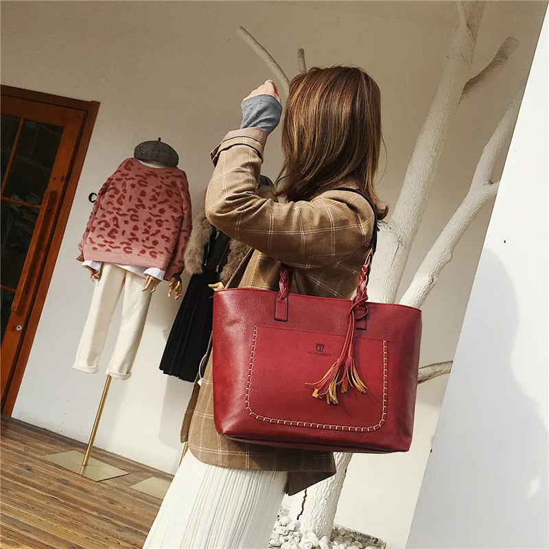 

Vintage Women Bags Set Top-Handle Big Capacity Female Tassel Handbag Fashion Shoulder Bag Purse Ladies PU Leather Bag alexa