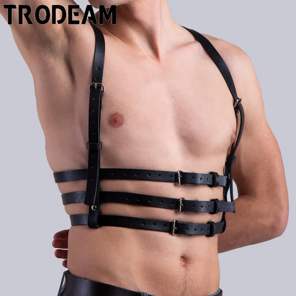 TRODEAM Black PU Leather Men Belts Bdsm Chest Strap Belt Suspender Adjustable Body Gothic Harness Underwear Bondage Punk Harness mens leather harness chest costume bondage gothic bdsm shoulder straps with o ring adjustable punk crop top belts