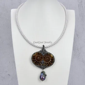 

GG Jewelry 18" White Leather Necklace Black Keshi Pearl Black Conch fossil CZ Pendant
