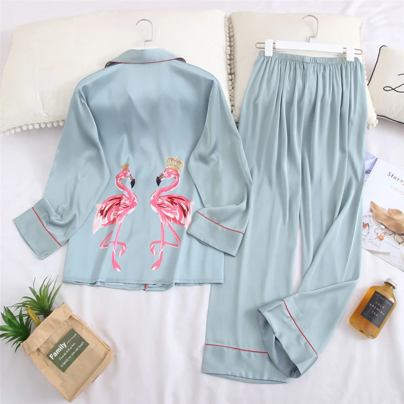 water blue set Fiklyc нижнее белье с длинными рукавами весенние женские пижамы invierno mujer Шелковый Фламинго Пижамный набор из шелка conjuntos - Цвет: water blue set