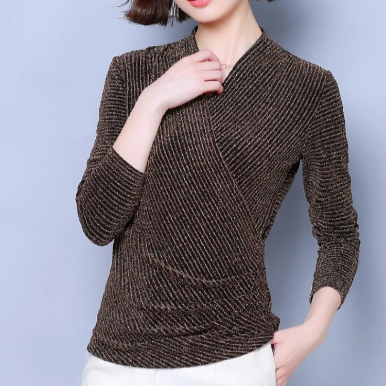 

2019 Autumn And Winter New Style Long Sleeve V-neck Underwear Thin Gauze Base Shirt-Style Elegant Versatile Tops Large Size T-sh