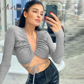 

Artsu Sexy V Neck Ruched Lace Up Crop Top T Shirt Bandage Cropped Tops Women Sexy Long Sleeve Bandage Tops 2020 Summer Clubwear