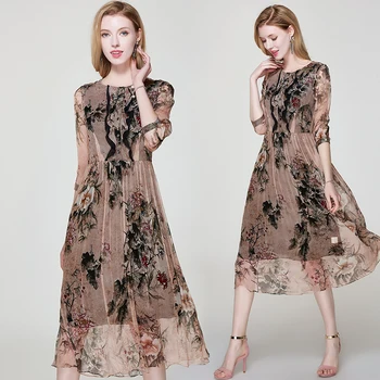 

100% Silk Chiffon Dress Women Summer 2020 Vintage Floral Printed Ladies Dresses Buttons Sundress vestido longo Z17X246