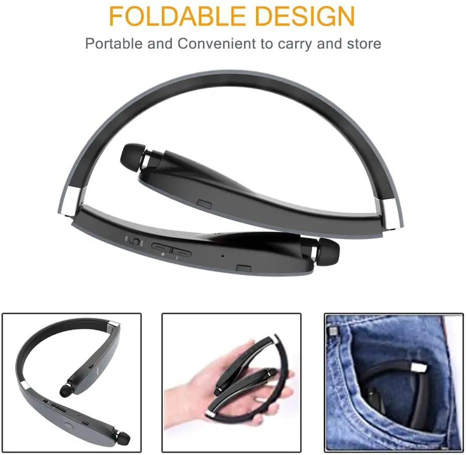 Bluetooth Headphones Wireless Neckband Headset Retractable Earbuds Noise Cancelling Stereo Earphones for Workout Running Driving 2