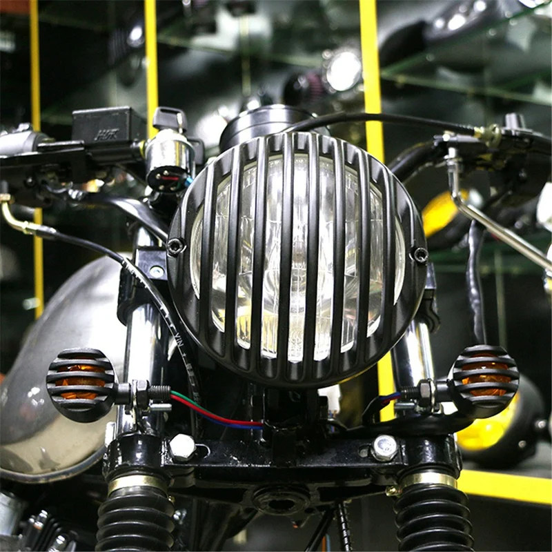 Motor Headlight Lamp Finned Grill For Harley Cruiser Choppers Bobber Cafe Racer