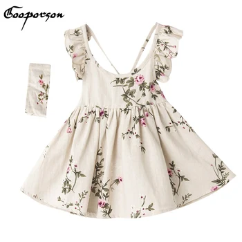 

Girls Backless Dress Kids Girl Summer Linen Printed Dress With Hairband Lovely Baby Girl Clothes Dresses Children Clothing