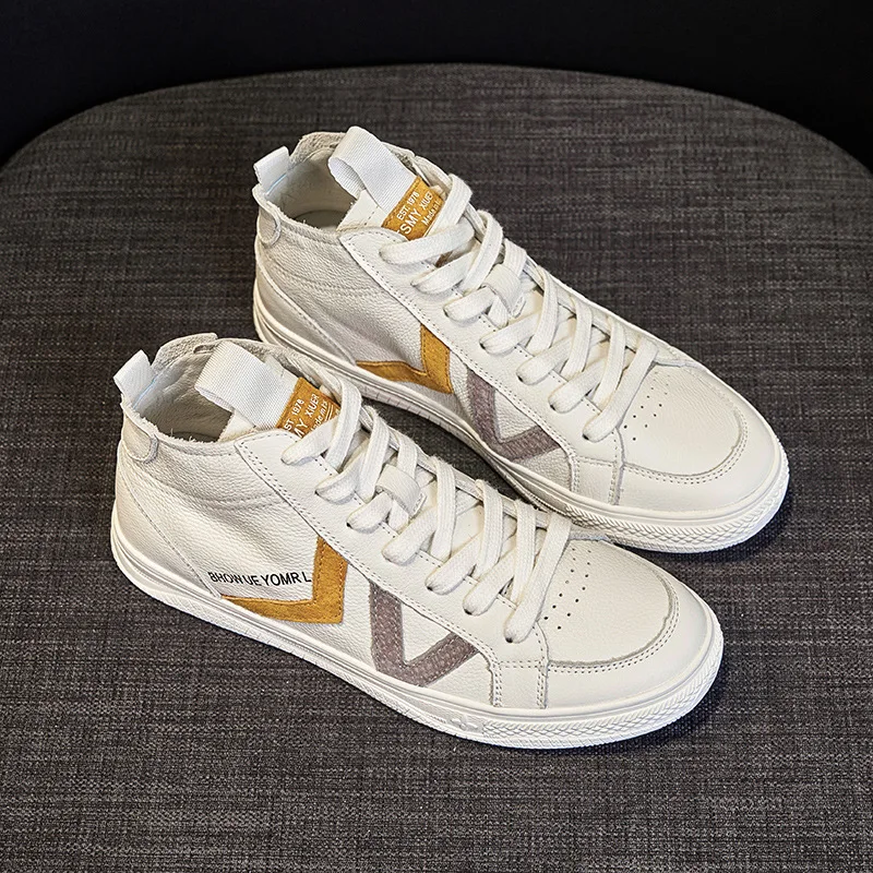 Leather high shoes women autumn new casual basic sports wind trend female models flat air color matching high state shoes