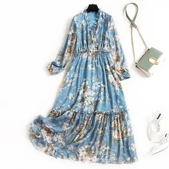 

2020 Spring Fashion Ruffles V Neck Long Sleeves Floral Printed Plus Size Elasticity Waist Stitching Maxi Chffion Dress Women