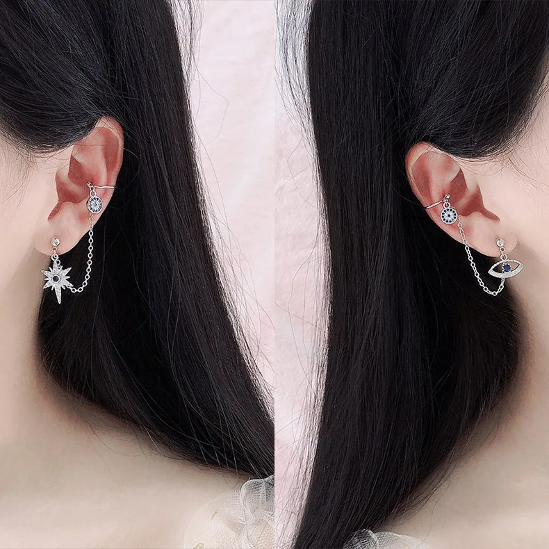 New Trend Cubic Zirconia Blue Eye And Star Asymmetric Earrings Luxury Brand Design Long Earrings For Women Fashion Jewelry