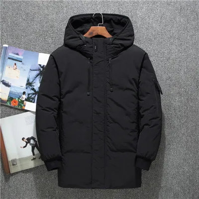 Черный Стильный мужской пуховик средней длины с капюшоном, брендовый плотный теплый русский Мужской зимний пуховик, ветронепроницаемый пуховик на белом утином пуху для мужчин - Цвет: Черный