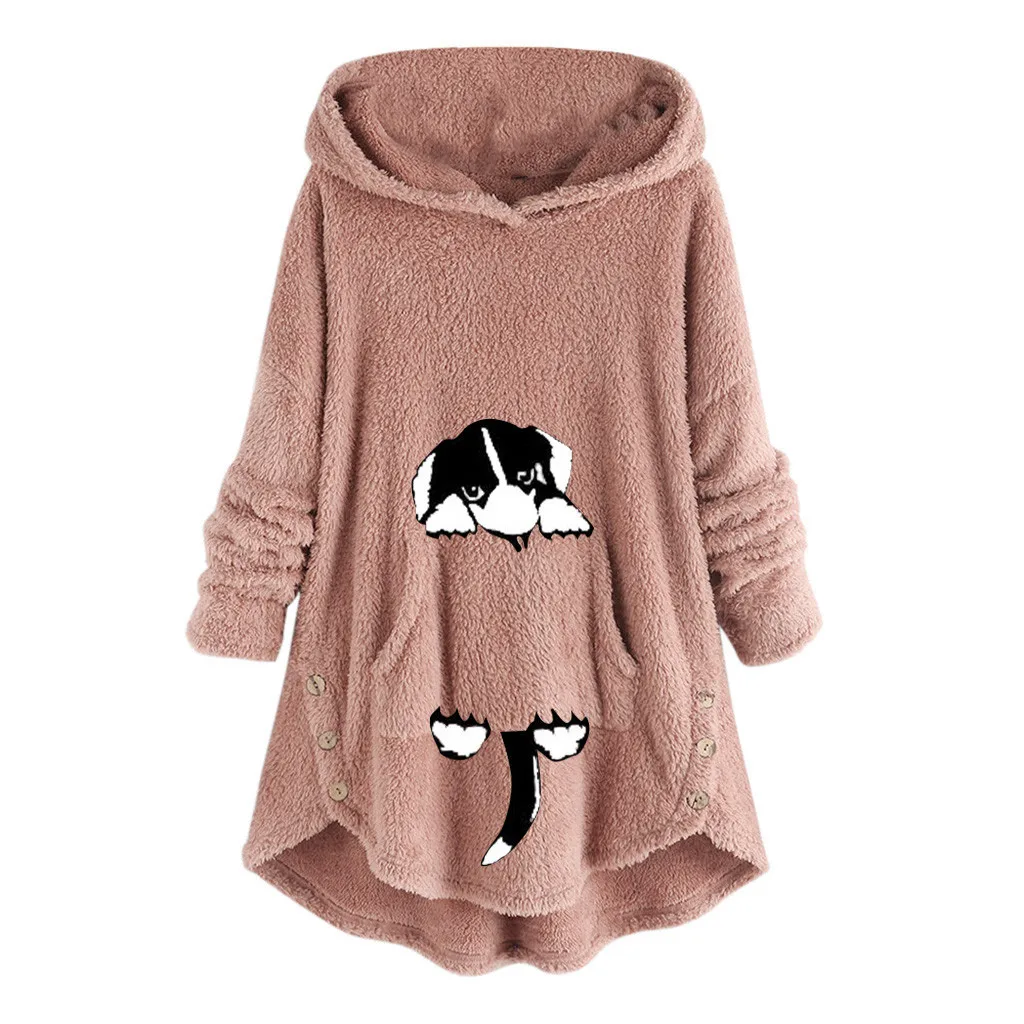 Women Cute Dog Embroidery Fleece Hoodie Asymmetrical Button Hem Solid Color O-Neck Plush Pretty | Женская одежда