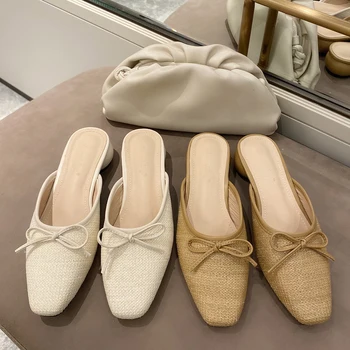 

2020 Summer Women Fashion Mules Shoes Med Heel Slip On Slipper Designers Bow Casual Slippers Woman Outside Square Toe Slides