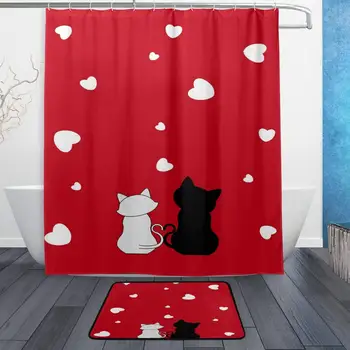 

Couple Cat White Heart Background Pattern Shower Curtain Set 3D Printing Waterproof Coated Polyester Fabric Bathroom with 12