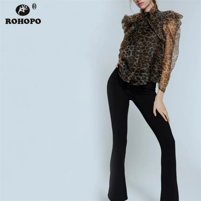 

ROHOPO Draped Shoudler Animal Printed Organza Blouse Puff Sleeve Bow Collar Leopard Sexy Autumn Semi See Through Top Shirt 19185