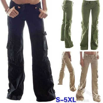 

WEPBEL Pants Women Solid Color Cargo Pants Straight Ladies Trousers with Pockets Casual Jeans Plus Size Overalls S-5XL