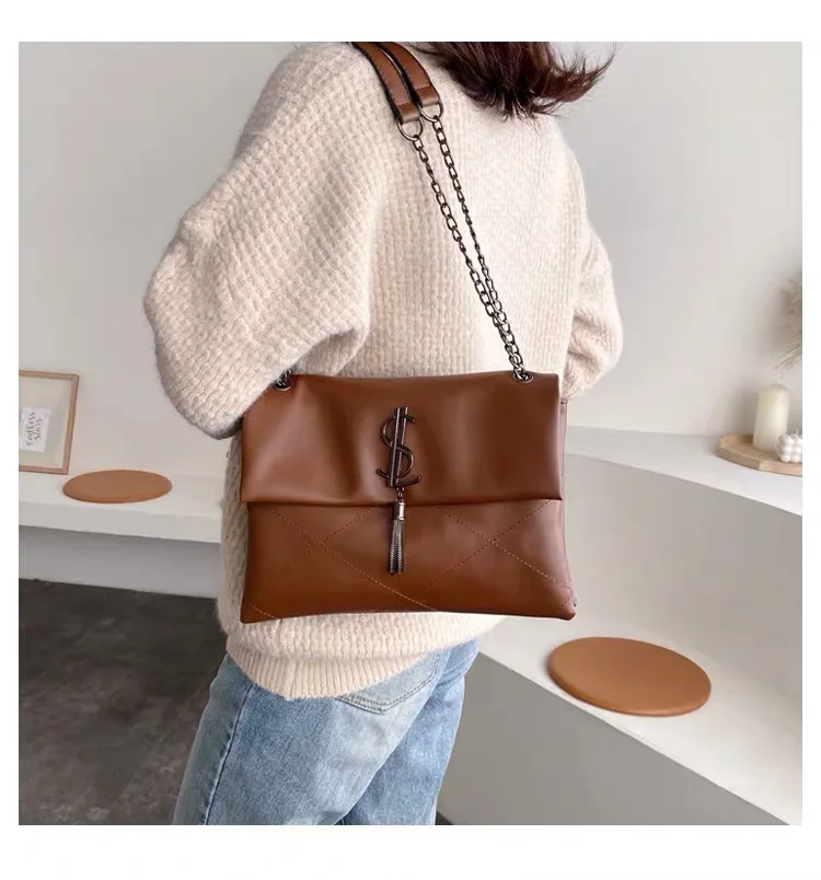 Bolso de hombro de cuero de para mujer, bolso de bandolera con cadena, Bolso grande de diseñador de marca famosa, bolso de