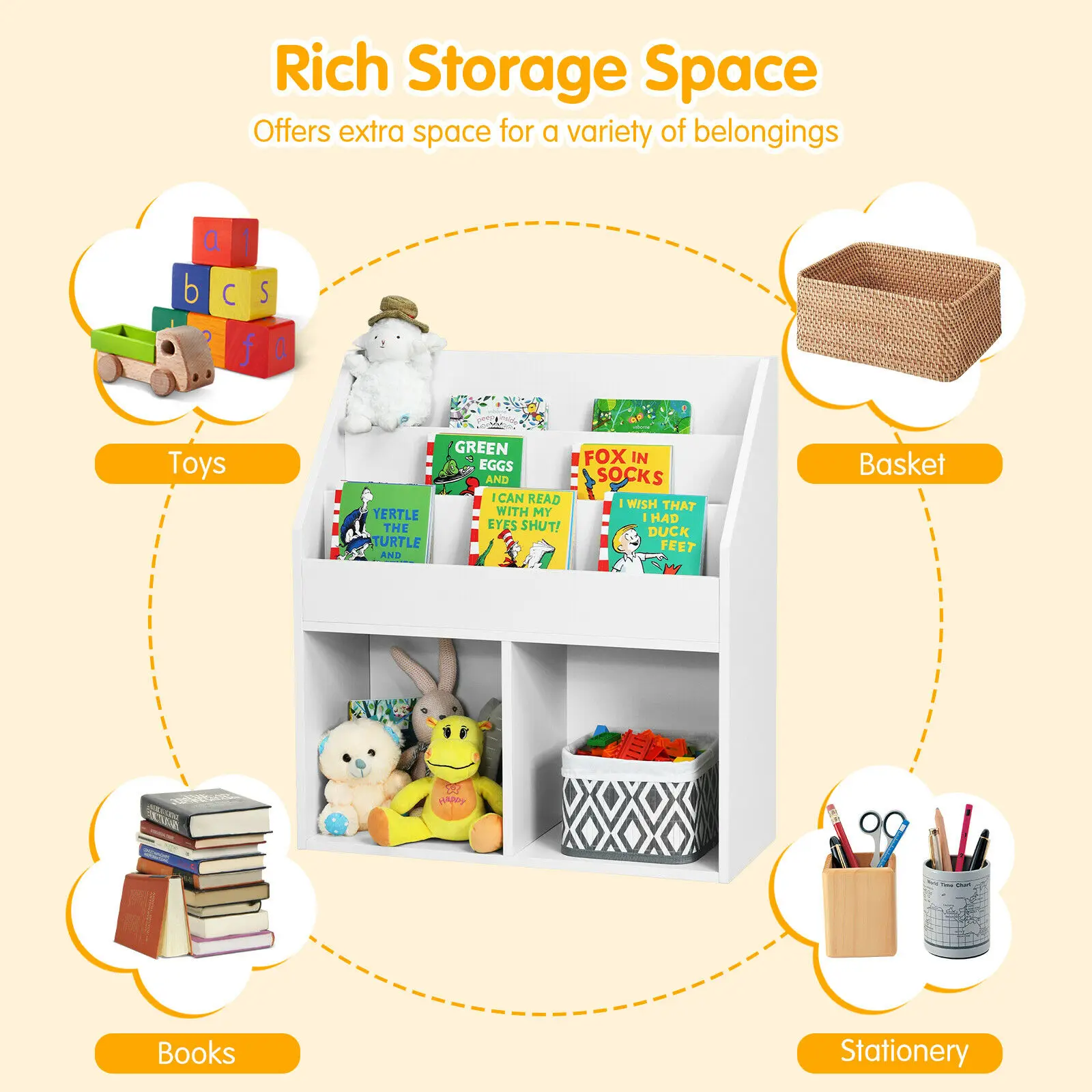 Wooden Kids Bookshelf Toy Storage Cabinet Organizer